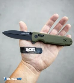 SOG Pentagon XR Lock Knife OD Green G-10 (3.5" Black) -Sog SOG Bandaid Pack SOG Bandaids FREE BHQ 12947 kp in hand web