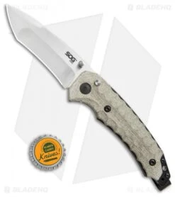 SOG Kiku Spring Assisted Knife Linen Micarta (3.5" Satin) KU-3001 -Sog SOG Kiku assisted linen micarta satin KU 3001 BHQ 52243 er bottlecap